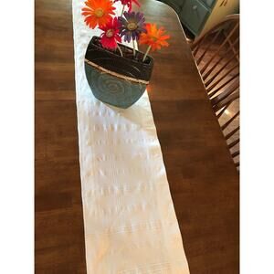 Handmade White Tablerunner Heavyweight Vintage Cotton Fabric Plaid 79" x 13.5"